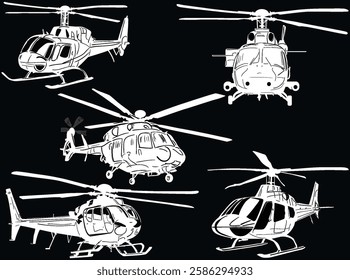 illustration with helicopter silhouettes isolated on black background