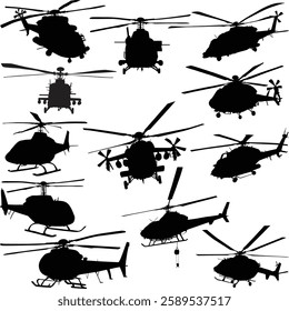 illustration with helicopter silhouettes isolated on white background