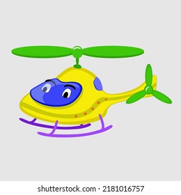 an illustration of a helicopter vector image with a cute character, with cheerful colors such as blue, green, yellow and purple flying in the air