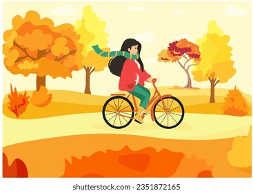 Illustration of Hello Autumn beautiful girl riding with bicycle. Woman riding bike in autumn park. Healthy lifestyle, sport, outdoor activity concept. Vector illustration.