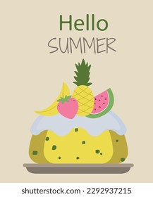 Illustration Hello Summer with Fruits and Berry Pudding