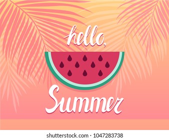 Illustration Hello, Summer Lettering with a Watermelon. Can be used for banners, posters or prints. Isolated on a yellow pink background.