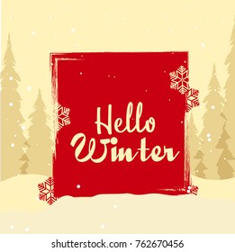 Illustration Of Hello Winter,Calligraphy Design With Snowflake Background.