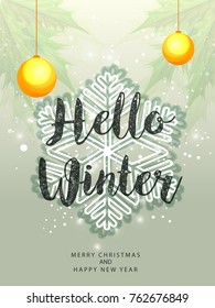 Illustration Of Hello Winter,Calligraphy Design With Snowflake Background.