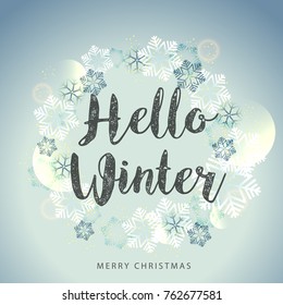 Illustration Of Hello Winter,Calligraphy Design With Snowflake Background.