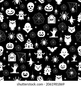 Illustration of helloween seamless pattern in black and white colors