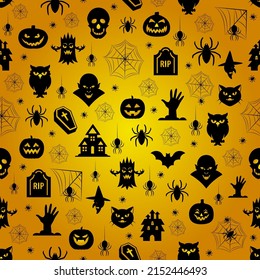 Illustration of helloween seamless pattern in black and orange colors. Decorative background for greeting, invitation card, fabric, textile, wrapping paper, web design
