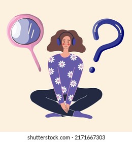Illustration for help center or for the education process. Search information. Girl with a magnifying glass and question mark.