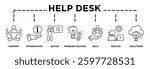 Illustration of help desk displaying its key steps: support, information, advise, problem solving, help, service, solutions content icons and text 