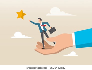 An illustration of helping lift up an employee to overcome obstacles reaching the star in the sky. Career development support, assistant or mentor to help reach business goal to achieve target concept