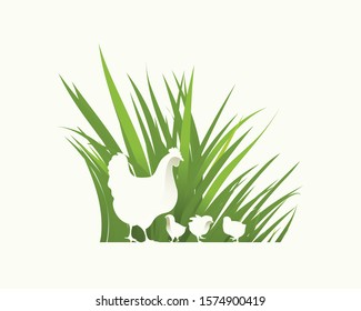 An Illustration of a hen and 3 chicken on the green grass background vector format