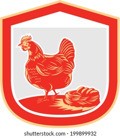 Illustration of a hen chicken side view with nest and eggs set inside shield crest done in retro woodcut style.