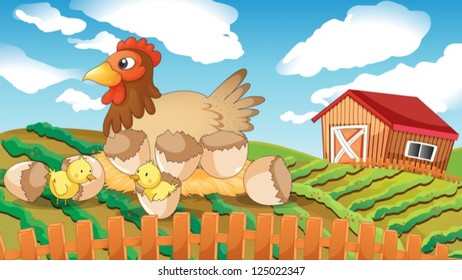 Illustration of a hen and chicks in a beautiful nature