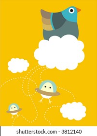 Illustration of hen in a cloud launching flying-saucer eggs