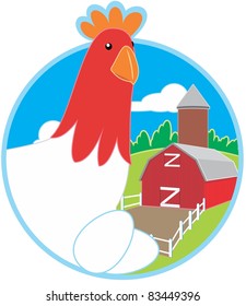 Illustration of a hen with eggs and a farm and barn background