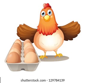 Ilustración de una gallina con huevos en la bandeja sobre un fondo blanco
