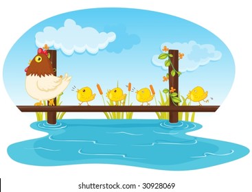 illustration of hen with four chicken