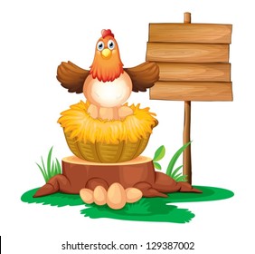 Illustration of a hen hatching eggs with a wooden signboard on a white background