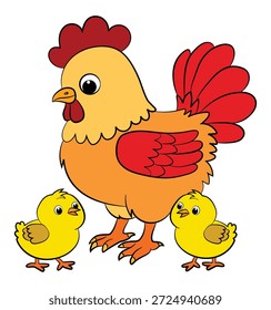 Ilustración de una gallina con sus polluelos