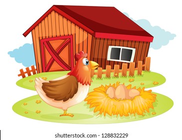 Illustration of a hen and her eggs at the backyard on a white background