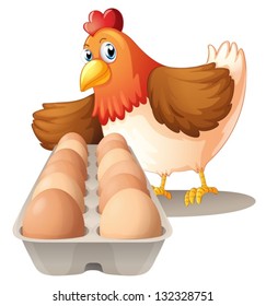 Illustration of a hen with her eggs in a tray on a white background