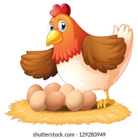 Illustration of a hen and her seven eggs on a white background