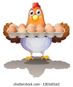 Illustration of a hen holding a tray of eggs on a white background