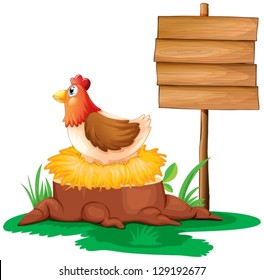 Illustration of a hen near the empty wooden signboard on a white background