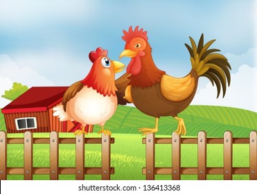 Illustration of a hen and a rooster above the fence with a wooden house at the back