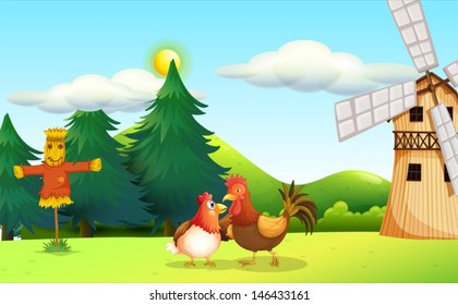 Illustration of a hen and a rooster at the farm