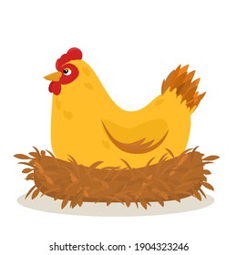 illustration of a hen sitting in a nest hatching eggs