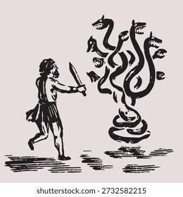 Illustration of Heracles Fighting the Regenerating Hydra in Greek Mythology