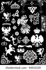 illustration with heraldic animals and ornaments on black background