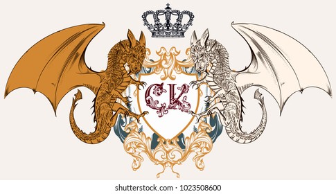 Illustration with heraldic coat of arms, crest and dragons ideal for logotype design