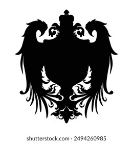 Illustration of a heraldic eagle coat of arms with vintage shield black silhouette design isolated white background 