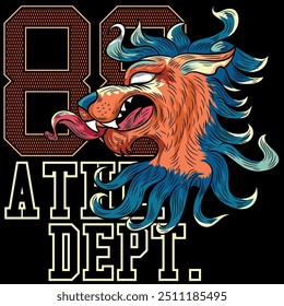 Ilustración de un león heráldico con una melena azul y colorida en un diseño de tatuaje con un toque urbano deportivo de la vieja escuela, textos en el fondo y un degradado colorido estilo playa.