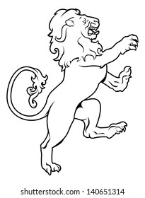 Illustration of a heraldic lion on its hind legs, like those found on a crest emblem or coat of arms on a shield