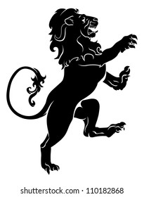 Illustration of a heraldic rampant lion on hind legs, like those found on a coat of arms