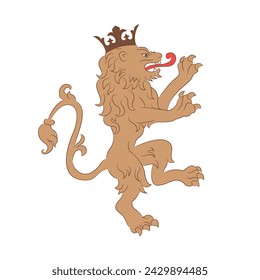 Ilustración de un león heráldico rampante en las patas traseras con corona. ilustración vectorial
