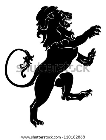 Illustration of a heraldic rampant lion on hind legs, like those found on a coat of arms