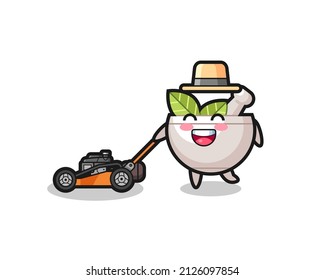 Illustration Of The Herbal Bowl Character Using Lawn Mower , Cute Style Design For T Shirt, Sticker, Logo Element