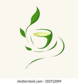 Illustration of Herbal Green Tea. Tea Cup, tea leaves. Vector Image EPS 10. Flat minimalistic style.