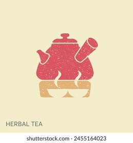 Ilustración del té tradicional de hierbas. Taza de té, tetera china. Oriental, Plantilla del logotipo del té chino. Imagen de Vector en un estilo retro