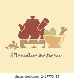 Illustration of Herbal traditional Tea. Tea Cup, Chinese teapot. mortar and pestle. Symbols of alternative medicine