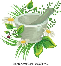 Illustration of Herbs Surrounding a Mortar and Pestle