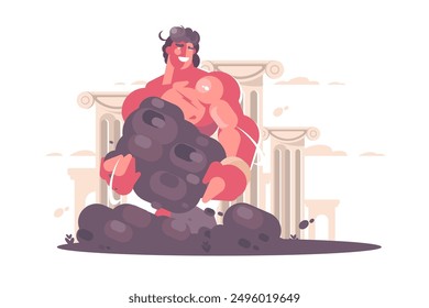 Illustration of Hercules, the mythological hero known for his immense strength, lifting a massive boulder with a confident smile. The background features classical Greek architecture