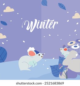 illustration of a herd of mice seeing the presence of snow between day and night, mice in a forest area covered in snow signify happiness