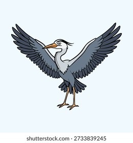 An illustration of a heron with spread wings, showcasing its white and grey feathers, long orange beak, and legs
