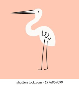 Illustration of heron or stork an isolated background. Dusty pastel colors. Modern flat style