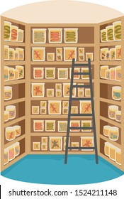 Illustration of a Herpetology Lab with a Ladder and Shelves Full of Jars and Specimen